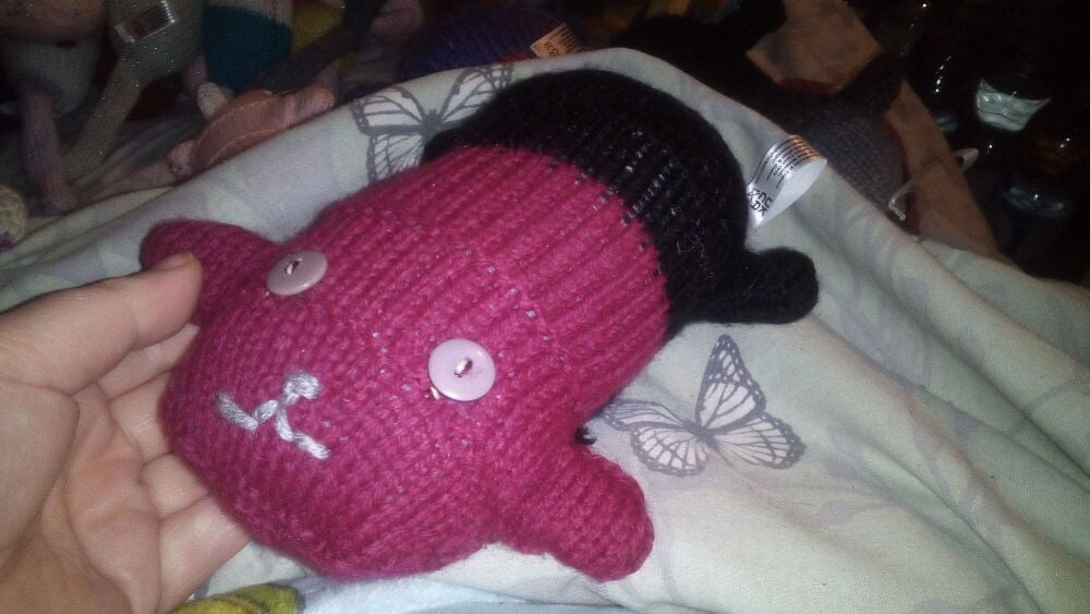 Wine Red & Black Tailless Scuttlecat with Dusty Pink Eyes- Knitted By KittyMumma Soft Toy