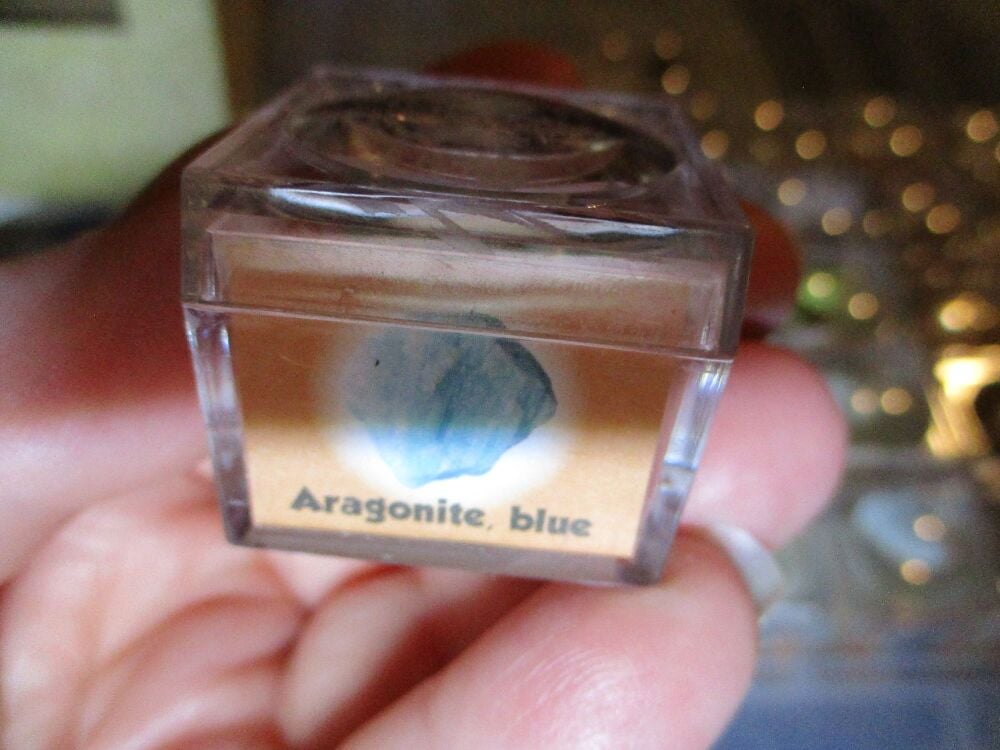 Aragonite, Blue Mineral/Gem Stone Fragment in Display Magnification Box