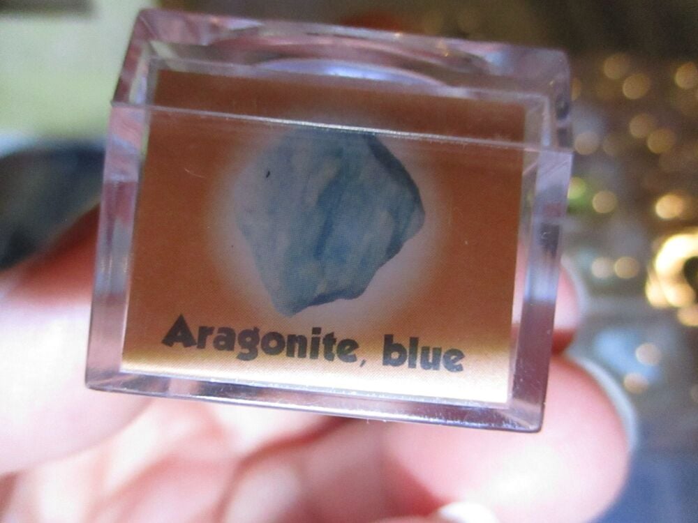 Aragonite, Blue Gem Stone Fragment in Display Magnification Box