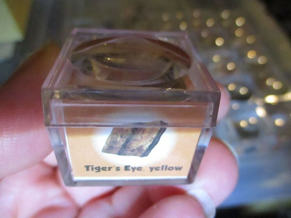 Tiger's Eye Yellow Mineral/Gem Stone Fragment in Display Magnification Box