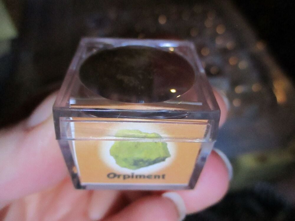 Orpiment Mineral/Gem Stone Fragment in Display Magnification Box