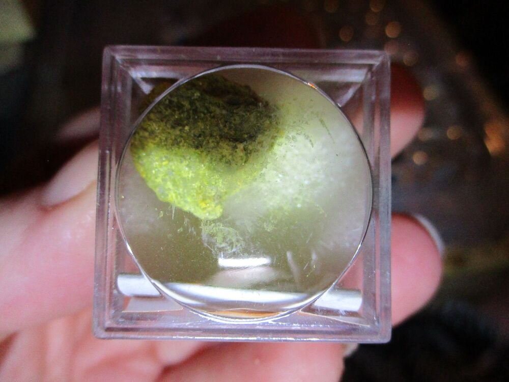 Orpiment Mineral/Gem Stone Fragment in Display Magnification Box