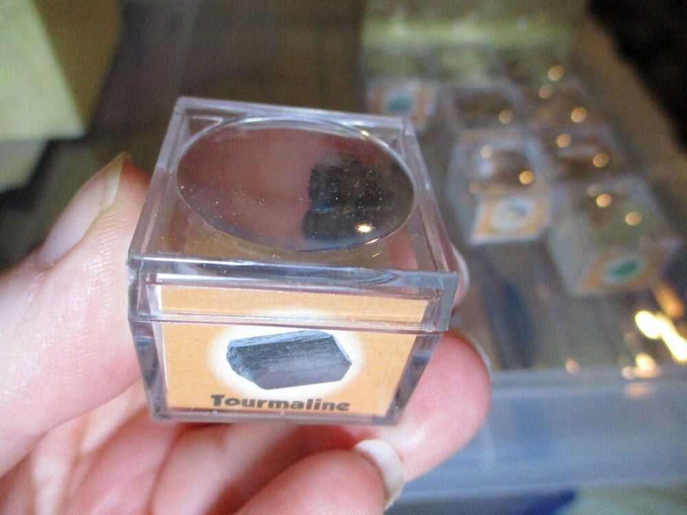 Tourmaline Mineral/Gem Stone Fragment in Display Magnification Box