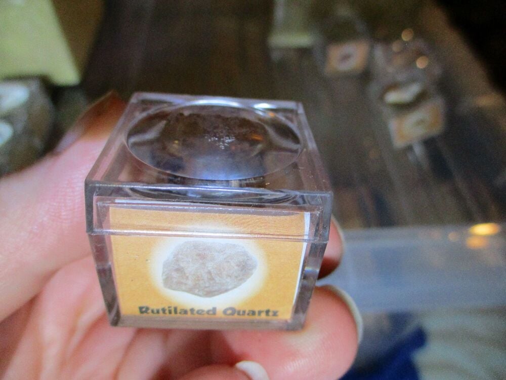 Rutilated Quartz Mineral/Gem Stone Fragment in Display Magnification Box