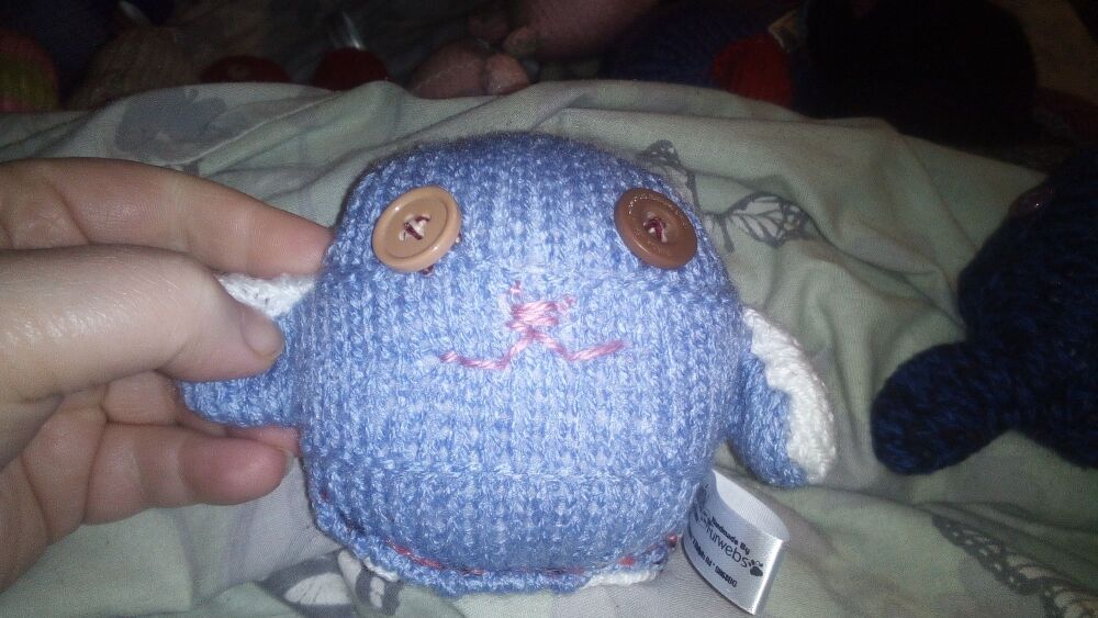 (p)Periwinkle Blue Front/White Back With Caramel Brown Eyes Mini Ted - Knitted By KittyMumma