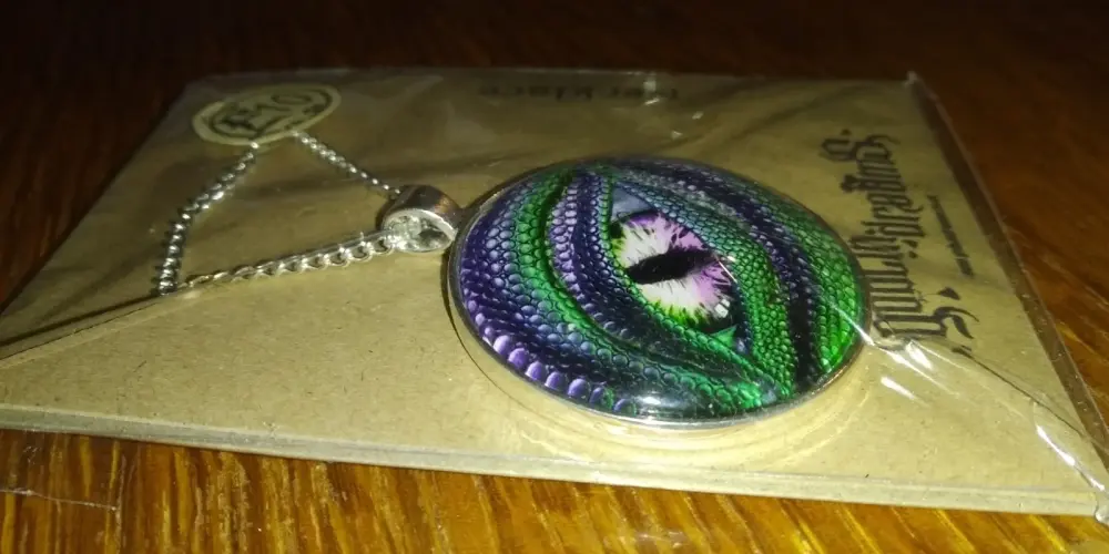 Green/Purpl Dragon Eye Design Glass Cabochon Pendant with chain - Goblin Dreams
