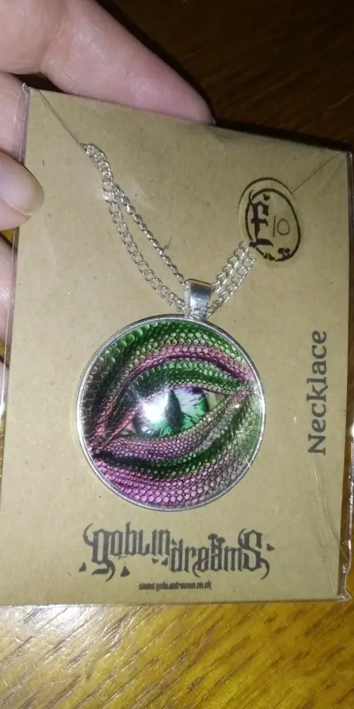Green/Pink Dragon Eye Design Glass Cabochon Pendant with chain - Goblin Dreams