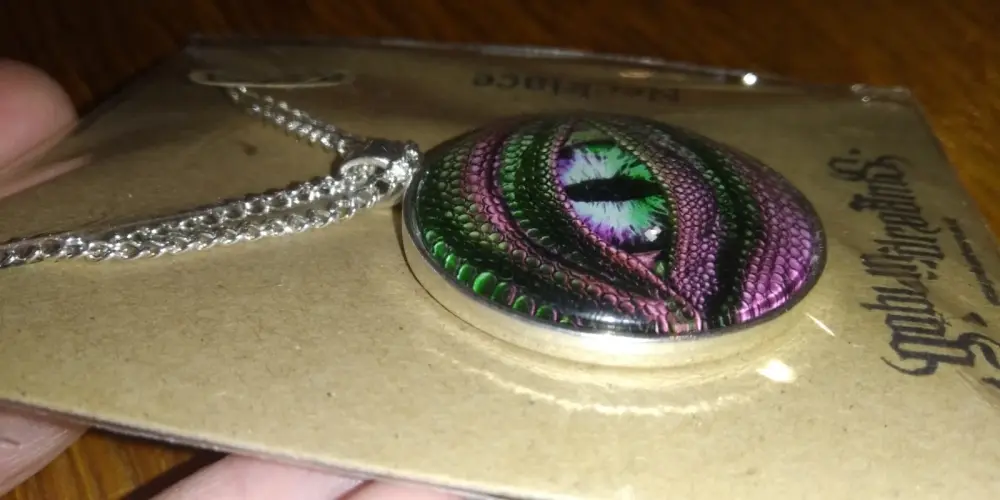 Green/Pink Dragon Eye Design Glass Cabochon Pendant with chain - Goblin Dreams