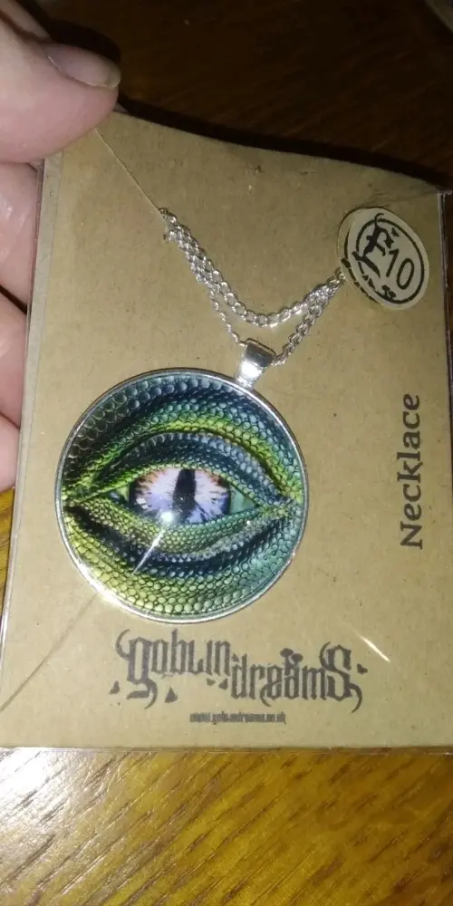 Green/Yell Dragon Eye Design Glass Cabochon Pendant with chain - Goblin Dreams
