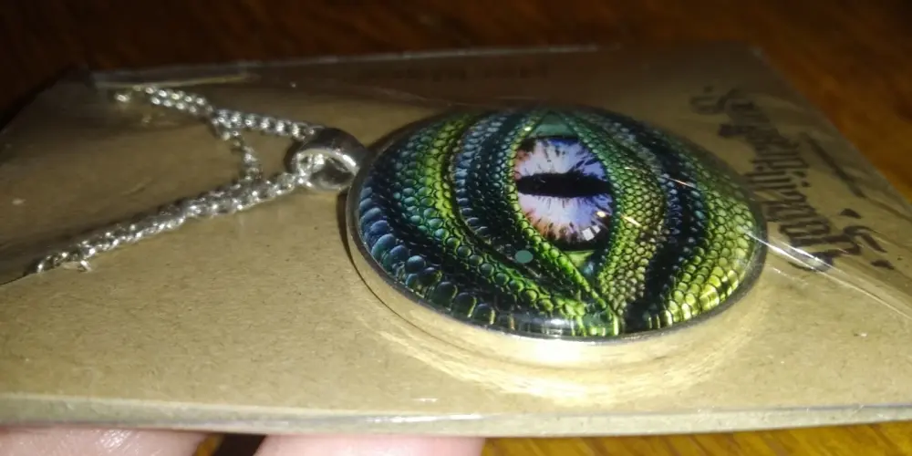 Green/Yell Dragon Eye Design Glass Cabochon Pendant with chain - Goblin Dreams