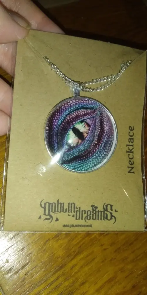 Purple/Turq Dragon Eye Design Glass Cabochon Pendant with chain - Goblin Dreams