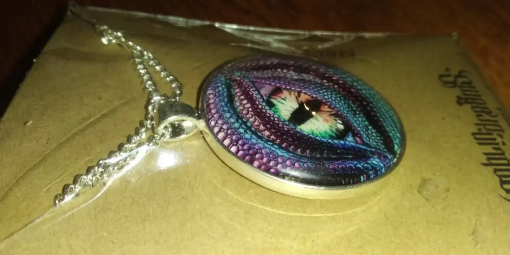 Purple/Turq Dragon Eye Design Glass Cabochon Pendant with chain - Goblin Dreams