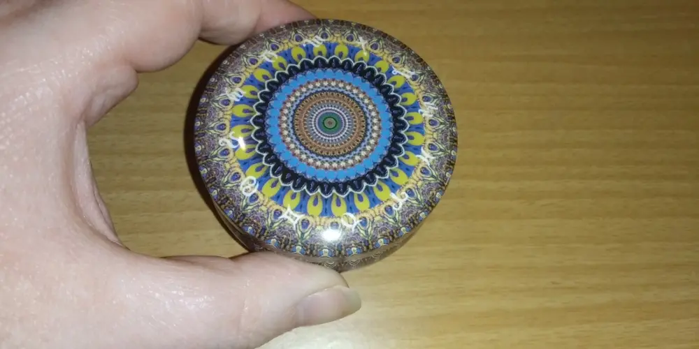 Brown Blue Yellow Pretty Patterned Small Empty Decorative Tin