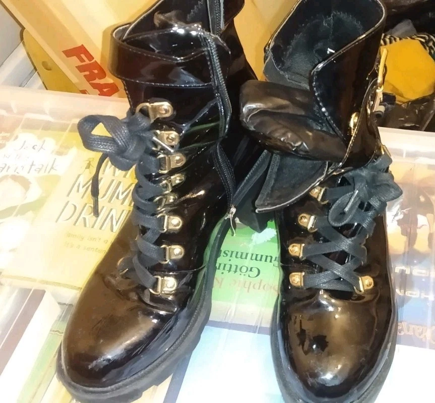 Women’s Black Pvc Look Public Desire Ankle Boots Size 7 Zip And Buckle Design