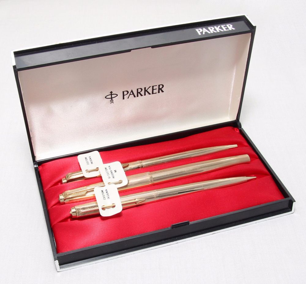 8284 Parker 61 Custom Insignia Triple Set in Rolled Gold. Medium Nib. Mint 