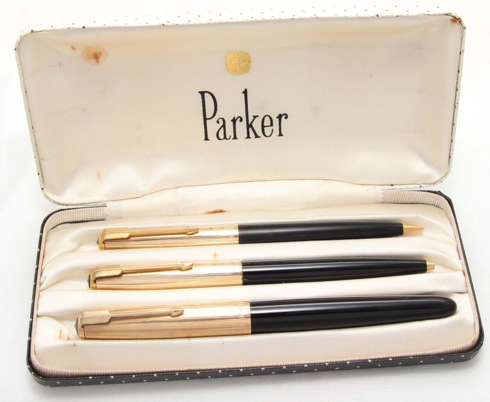 8465 Parker 51 Triple Set in Black with Rolled Gold caps. Mint and Boxed. M