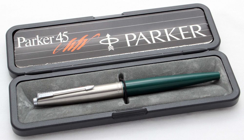 8566 Parker 45 CT in Green with a Brushed Steel Cap. Smooth Broad Nib. Mint