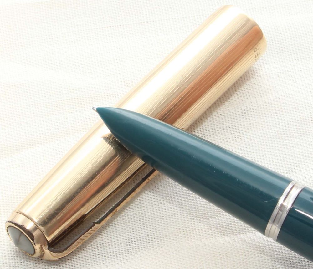 8634. Parker 51 Aerometric in Teal Blue with a Rolled Gold Cap, Smooth Fine