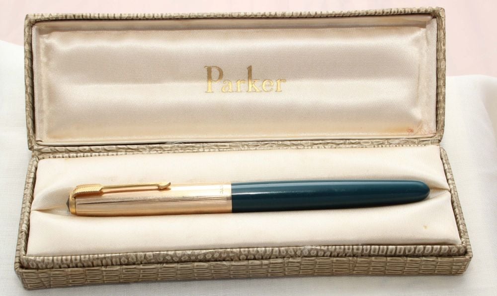 8281. Parker 51 Aerometric in Teal Blue with a Rolled Gold Cap, Mint and Bo