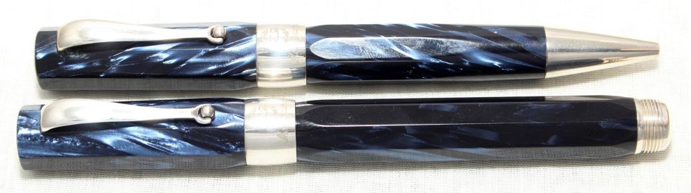 8962 Montegrappa 1912 Rollerball and Ball Pen Set in Blue Marble and Sterli