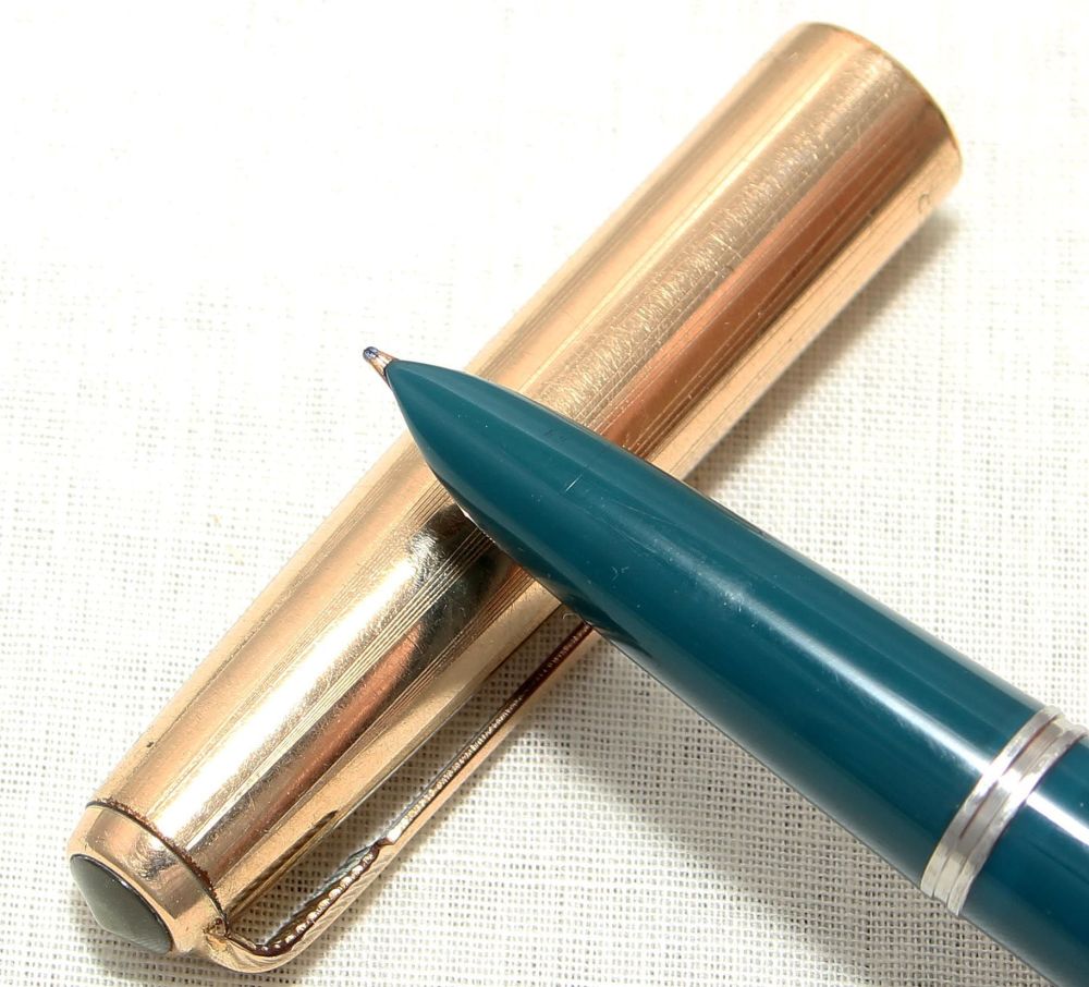 8929. Parker 51 Aerometric in Teal Blue with a Rolled Gold Cap, Smooth Fine
