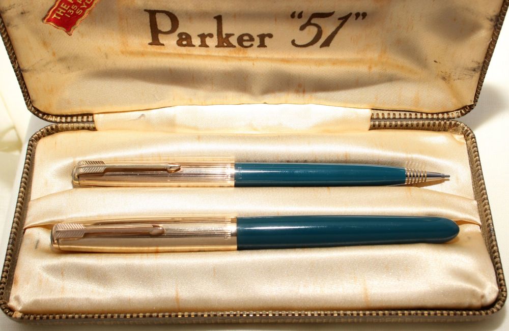 9158 Parker 51 Double Set in Teal Blue with Rolled Gold caps. Mint and Boxe