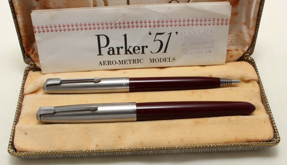 9198 Parker 51 Double Set in Burgundy with Lustraloy caps. Mint and Boxed. 