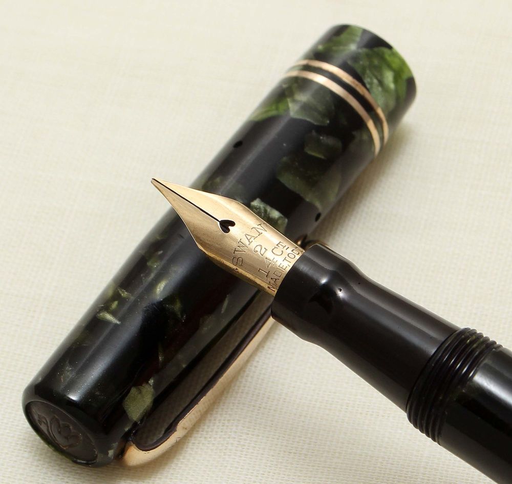9215 Swan (Mabie Todd) 6241 Self Filling Fountain Pen in Green Marble with 