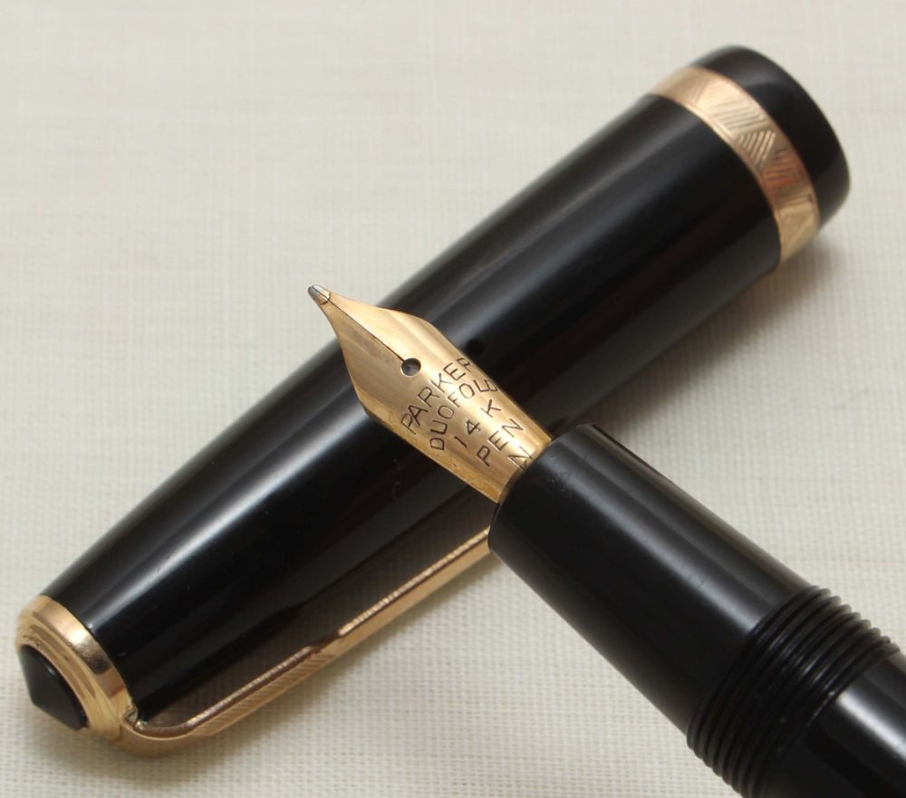 9285 Parker Duofold in Classic Black. Smooth Fine Side of Medium Nib.