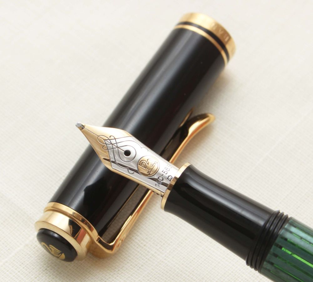 9390 Pelikan M300 Souveran Fountain Pen in Black and Green Stripes. Broad STAR