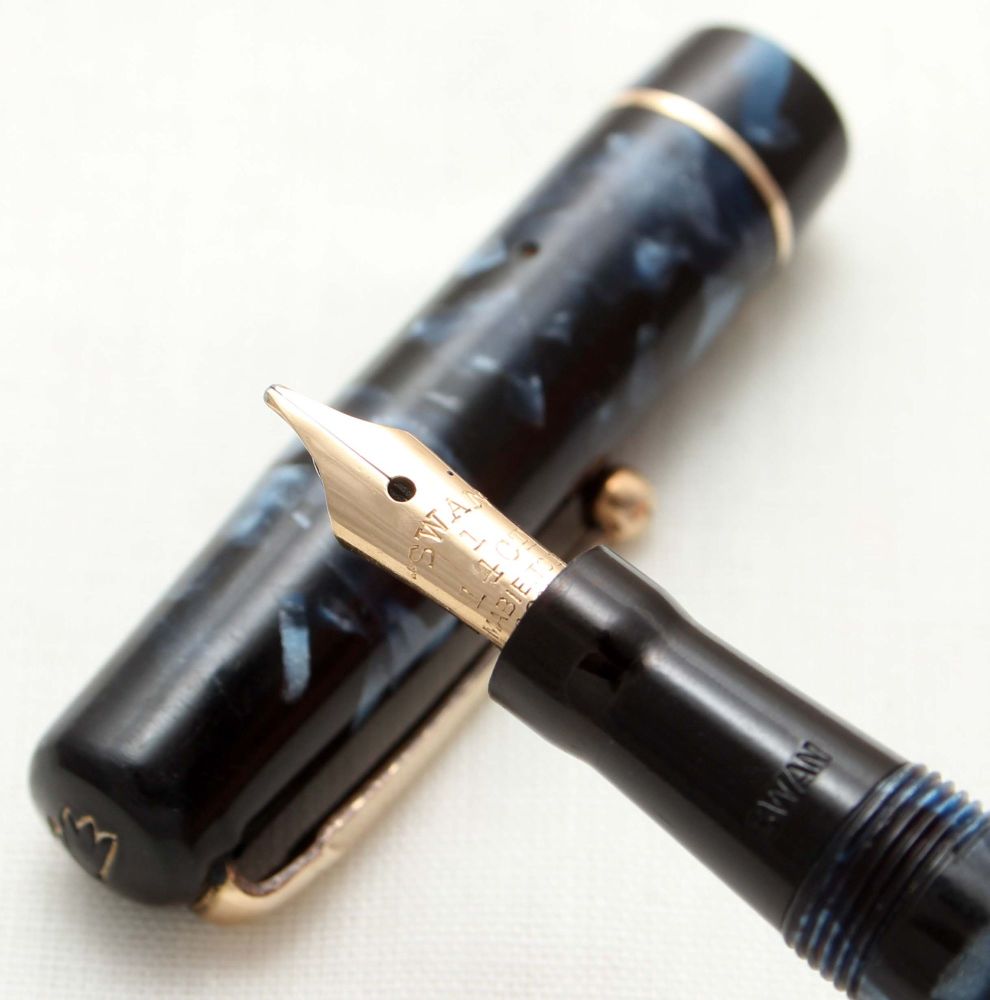 9556 Swan (Mabie Todd) Self Filler 6142 Fountain Pen in Blue Marble. Smooth