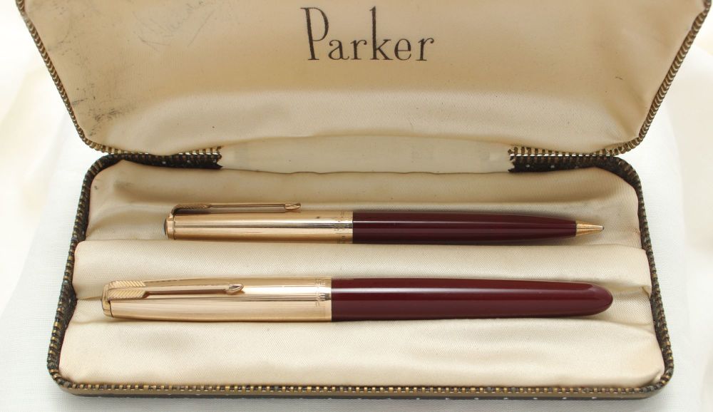 9889 Parker 51 Double Set in Burgundy with Rolled Gold caps. Mint and Boxed