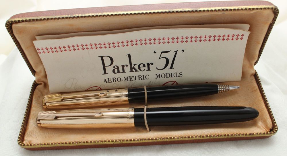 9888 Parker 51 Double Set in classic Black with Rolled Gold caps. Mint and 
