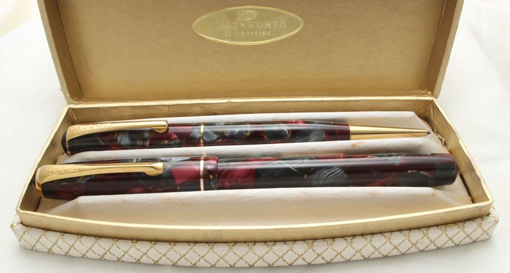 9887 The Chatsworth Pen Set in Burgundy and Grey Marble, Smooth Fine FIVE S