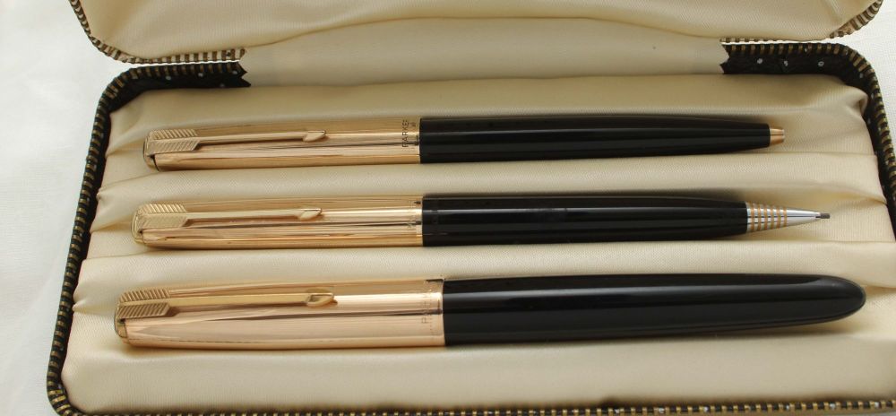 3018 Parker 51 Triple Set in Classic Black with Rolled Gold caps. Mint and 