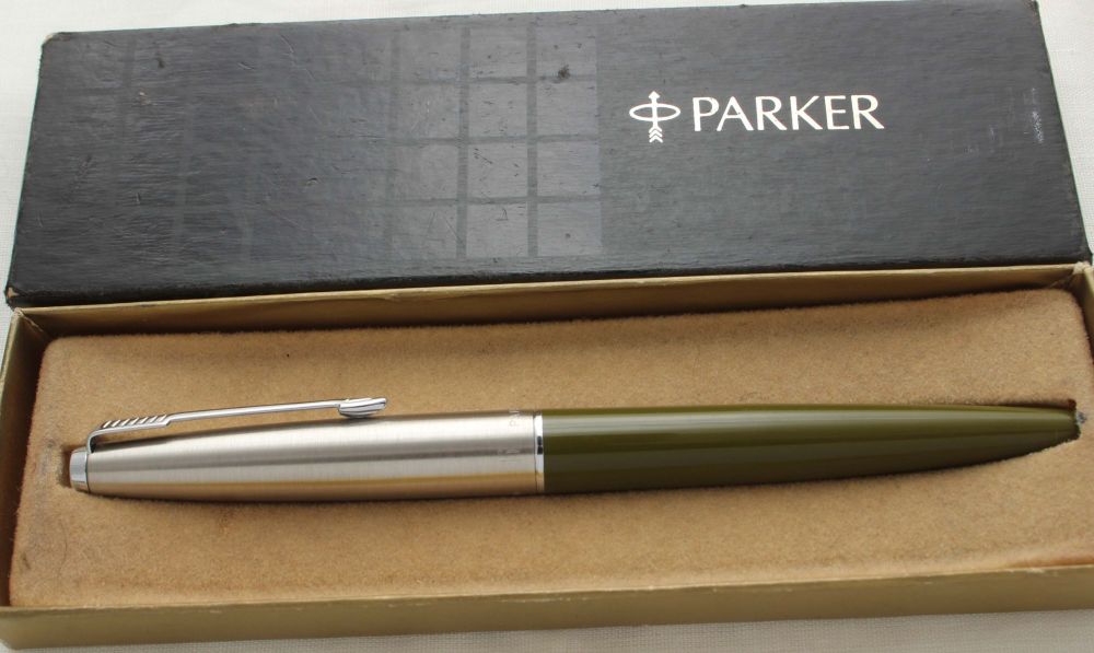 3023 Parker 45 CT in Olive Green. Smooth Medium Nib. Mint and Boxed.