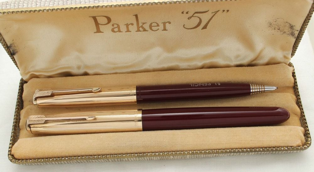 3030 Parker 51 Double Set in Burgundy with Rolled Gold caps. Mint and Boxed