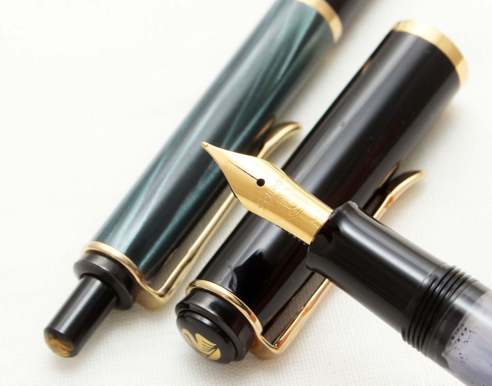 3129 Pelikan M200 Fountain Pen and Ball Pen Set in Black and Blue Marble. M