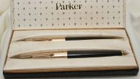 3200 Parker 61 Custom Double Set in Classic Black with Rolled Gold Caps. Medium Italic FIVE STAR Nib. Mint and Boxed.