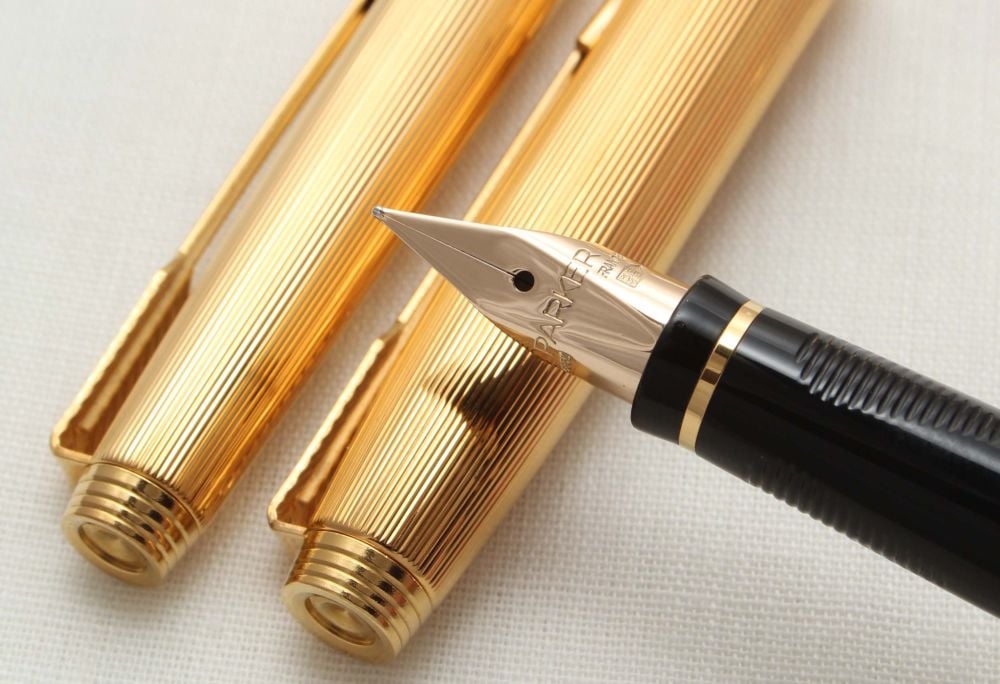 3202 Parker 75 Fountain Pen and Ball Pen set in Gold Plated Milleraies, Smo