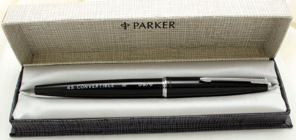 3207 Parker 45 CT in Black. Mint with chalk marks, boxed, Smooth Medium FIV