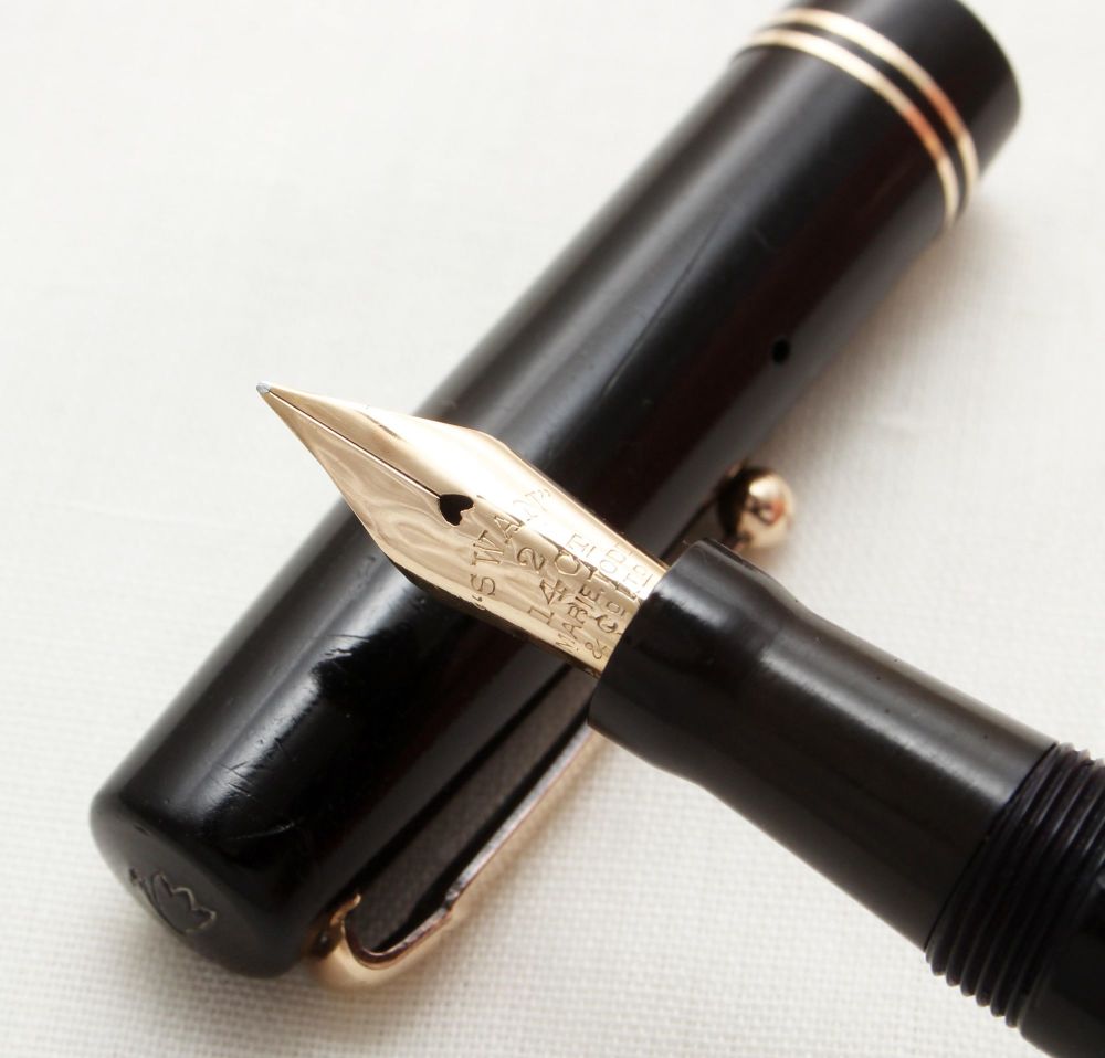 3220 Swan (Mabie Todd) Self Filling Fountain Pen in Black with Gold Trim. S