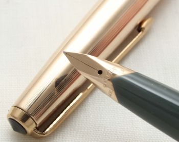 3258 Parker 65 in Grey with a Rolled Gold Cap. Smooth Fine FIVE STAR Nib.