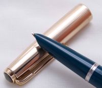 3305 Parker 51 Aerometric in Teal Blue with a Rolled Gold Cap. Smooth Broad side of Medium FIVE STAR NIb. 
