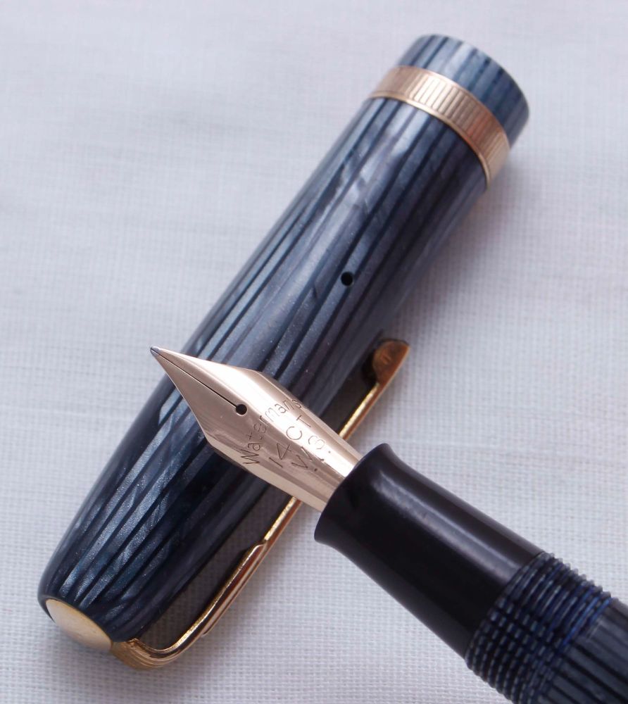 3341 Watermans W3 Fountain Pen in Black and Blue Striped Marble, Smooth Med