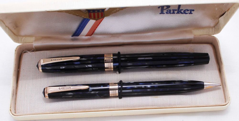 3344 Parker Duovac Fountain Pen and Pencil set in Black and Blue Marble, Ex