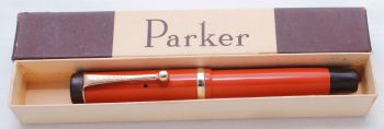 3373 Parker Duofold Junior in Chinese Red, c1928, Fully Original, Fantastic Medium FIVE STAR Nib. Boxed.