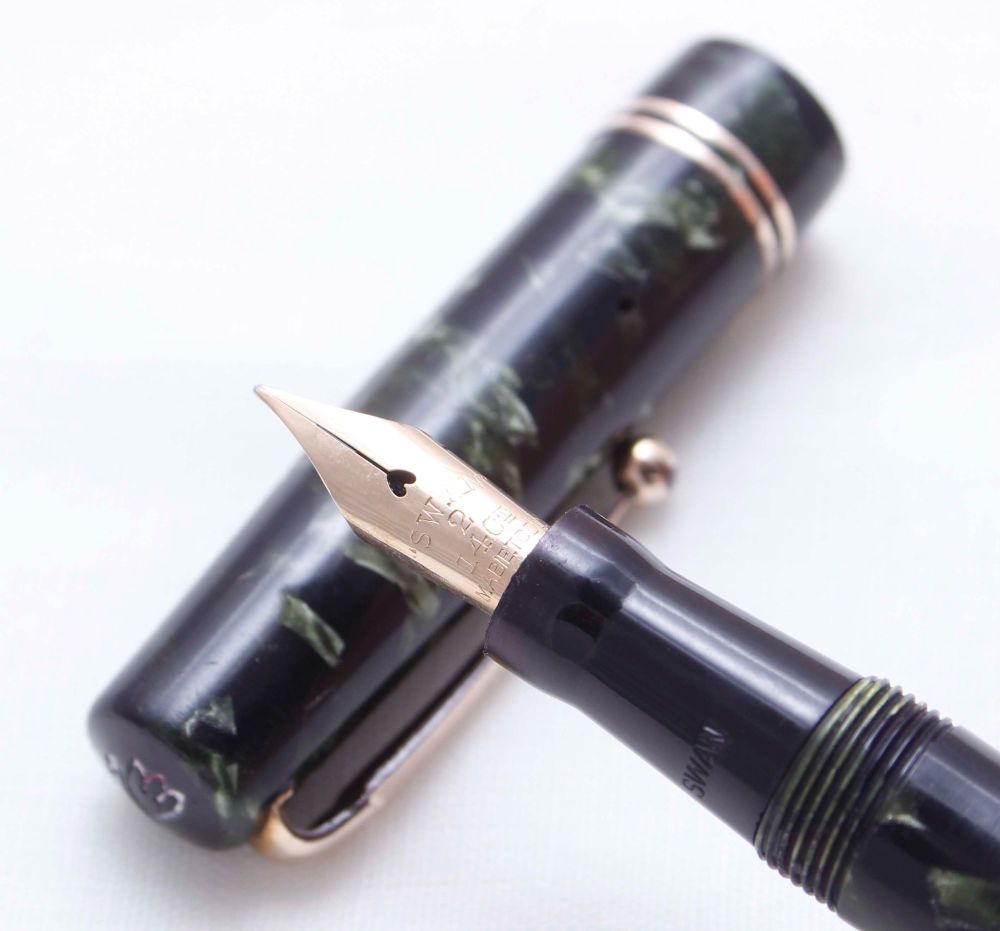 3492 Swan (Mabie Todd) 6241 Self Filling Fountain Pen in Green Marble. Smoo
