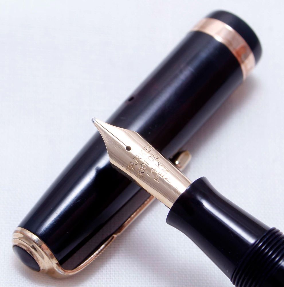 3536 Parker Duofold AF Button Filler in Classic Black. Medium FIVE STAR Nib