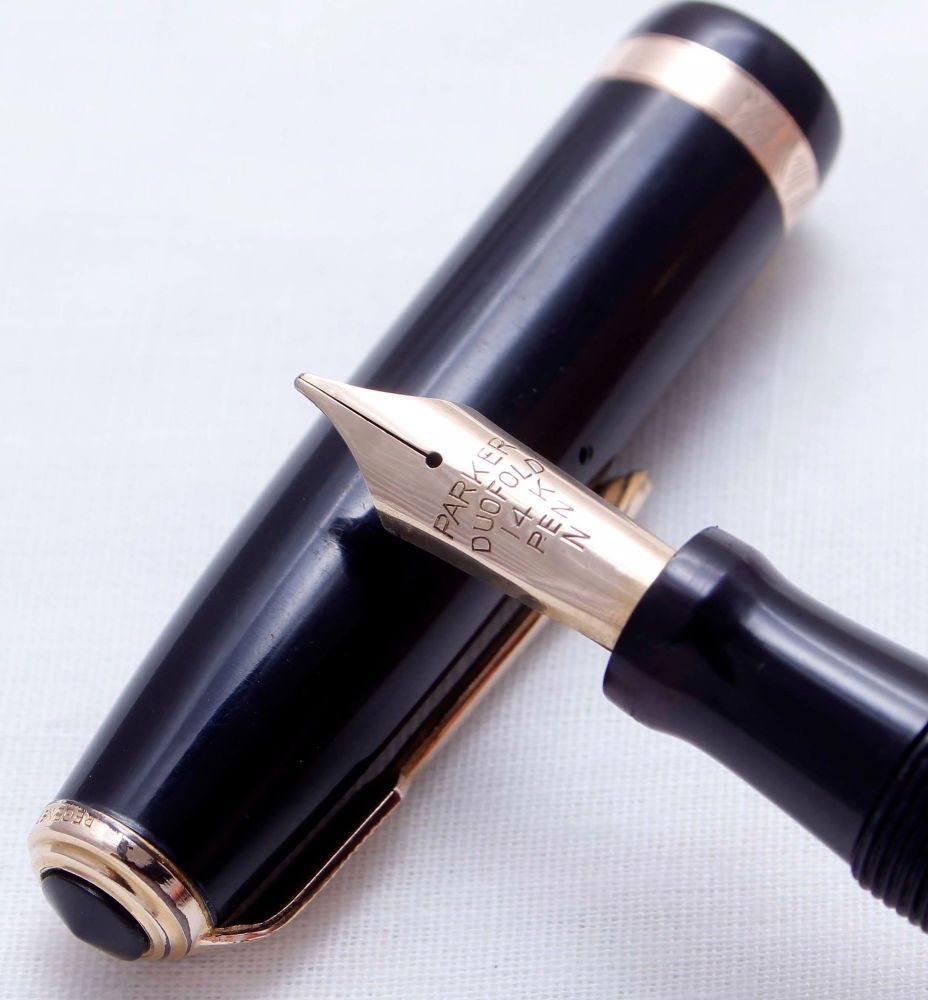3632 Parker Duofold Button Filler in Classic Black. Medium Italic FIVE STAR